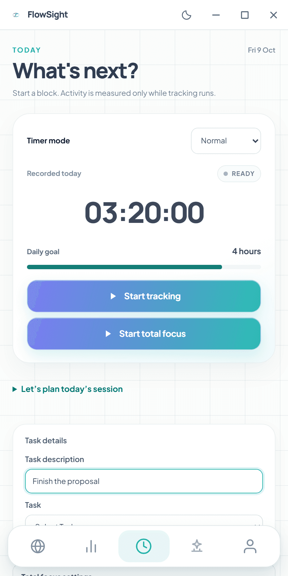 Actual FlowSight 6.1.0 Today screen with normal and Pomodoro modes, 3 hours 20 minutes recorded towards a four-hour goal, tracking controls and total focus. Example data.